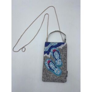 Bamboo Trading Company Beaded Flip Flop Crossbody Phone Bag Tan Blue Beach Pouch